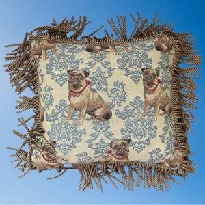 Pug Accent Pillow By BORGATA Tapestry Needlepoint / Fringe ADORABLE & FANCY!